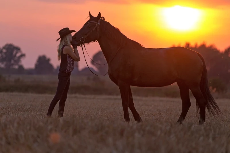 Blonde Woman in Cowboy Hat Touching Horse at Sunset - FarmersOnly